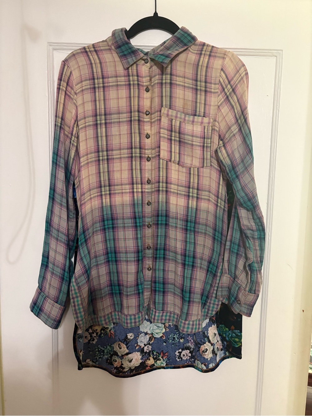 Aratta Teal and Pink Plaid Button-Down Shirt with Floral Contrast Backing